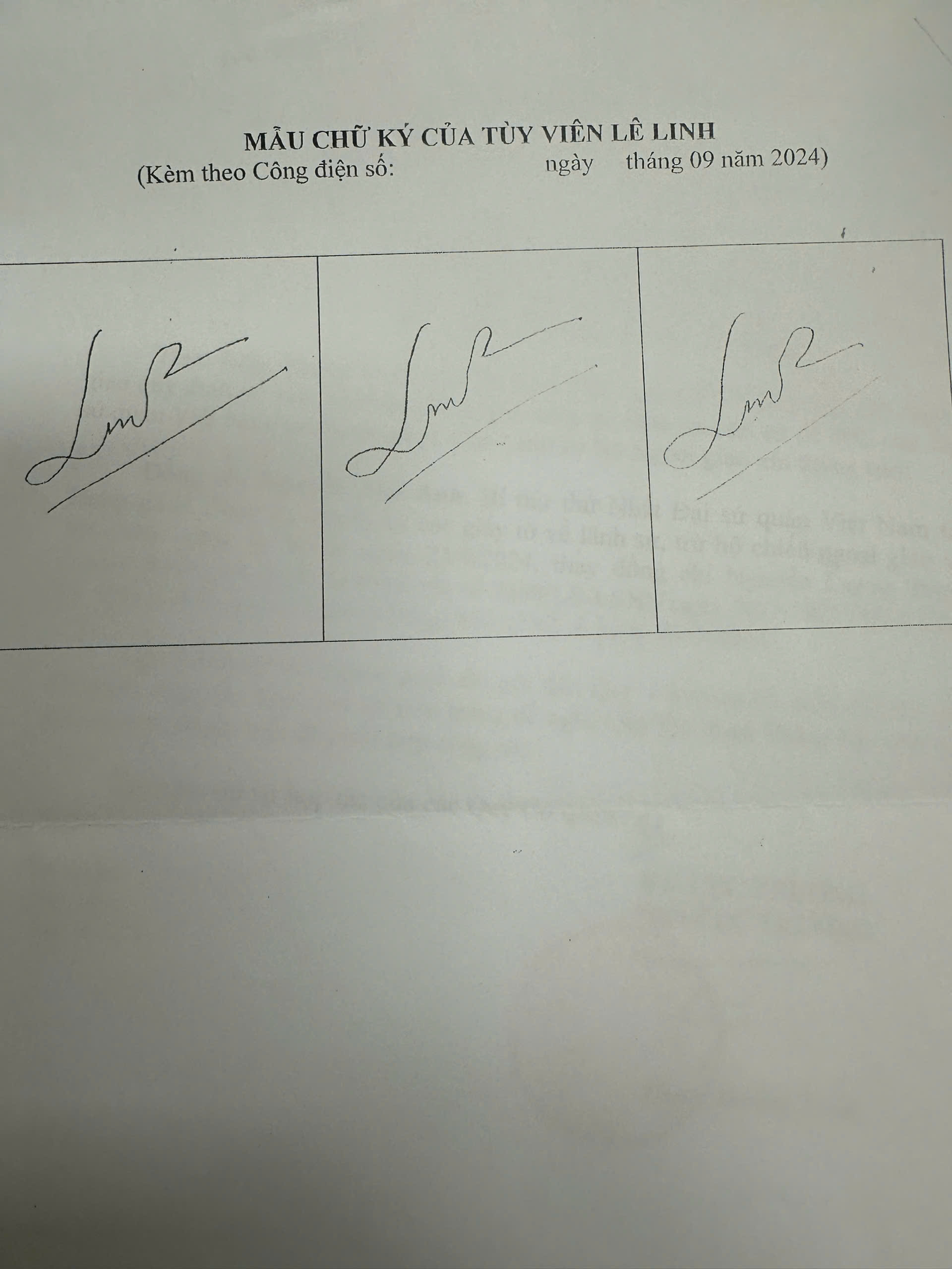 Thông báo chữ ký lãnh sự của đồng chí Lê Linh, Bí thư thứ Nhất Đại sứ quán Việt Nam tại Ấn Độ